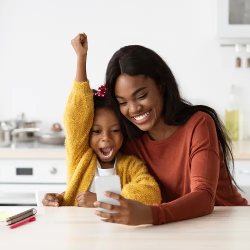 Mom and daughter on a video call.